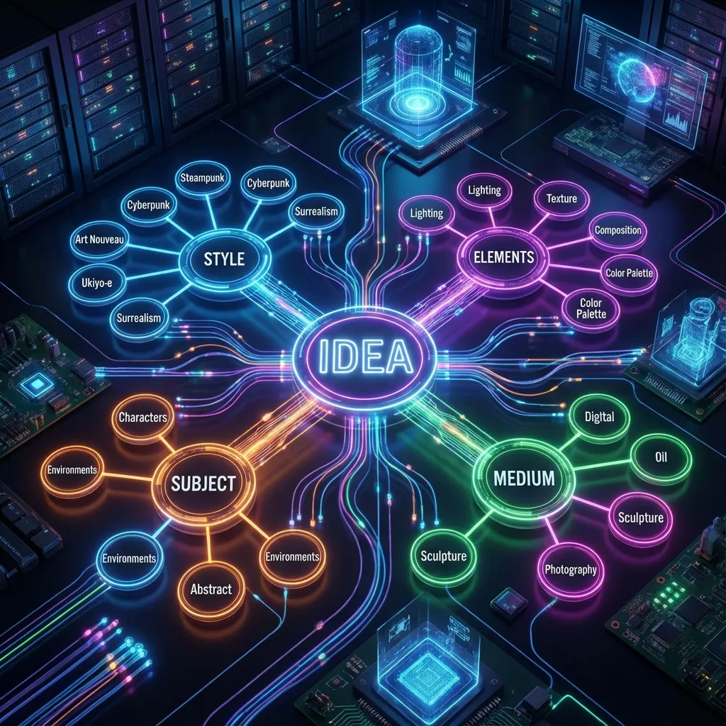 क्रिएटिव इंजन माइंड मैप और जेनरेशन परिणाम प्रदर्शन